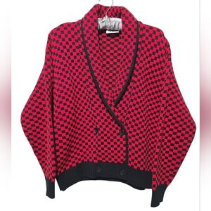 Vintage Checkered Red and Black Women's Double Breasted Sweater Cardigan Medium
